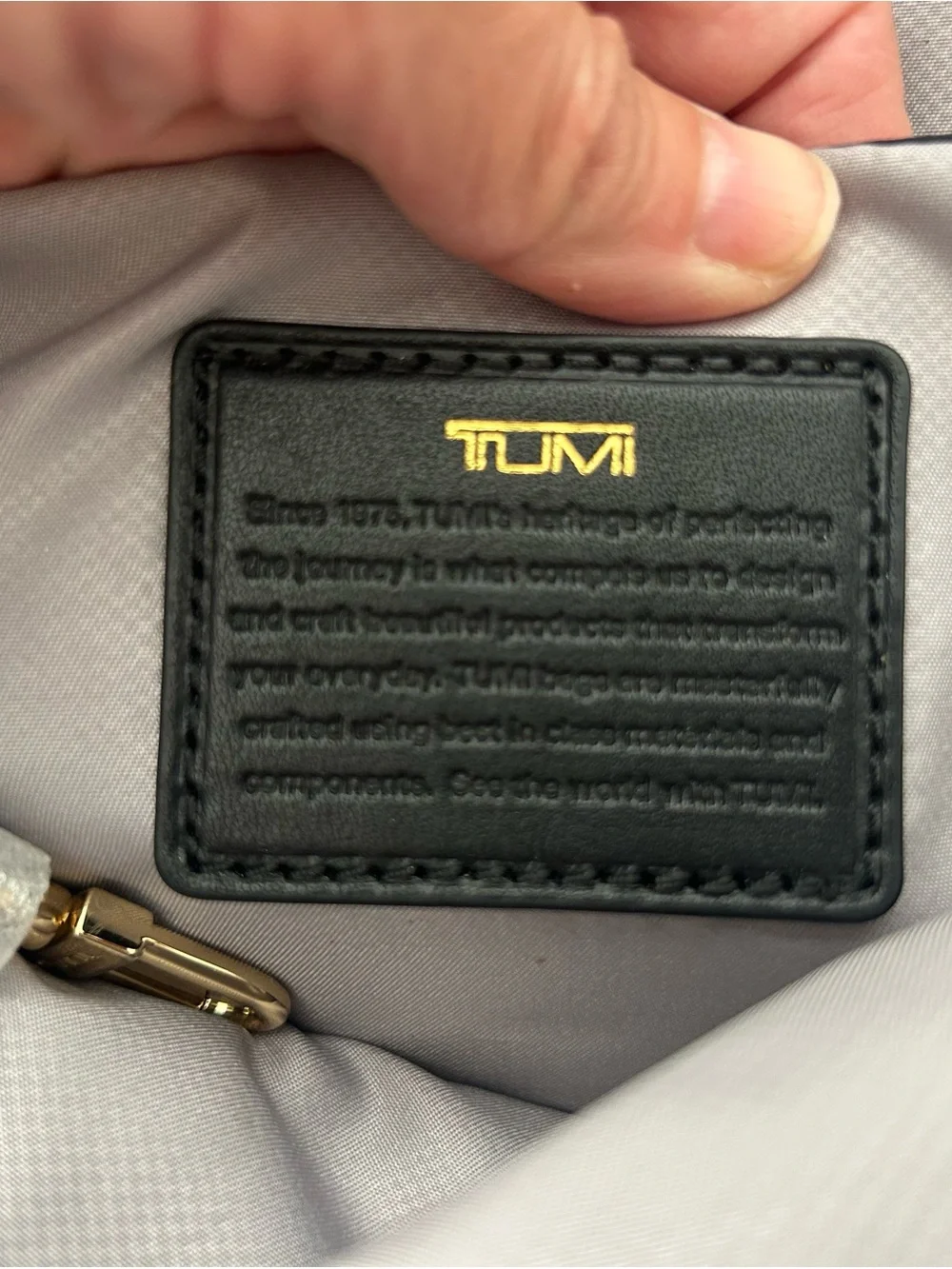 Tumi Black Leather Interior ID Patch with Gold Logo